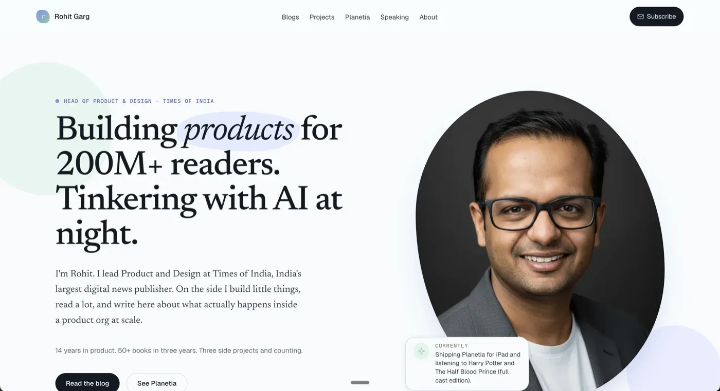 New rohitgarrg.com home page, April 2026