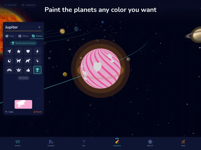Planetia Customize mode — painting Jupiter pink with hearts