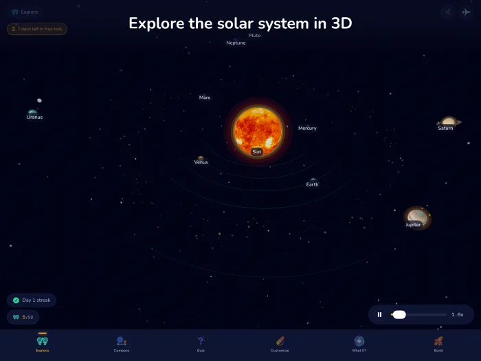 Planetia Explore mode — interactive 3D solar system with planet facts