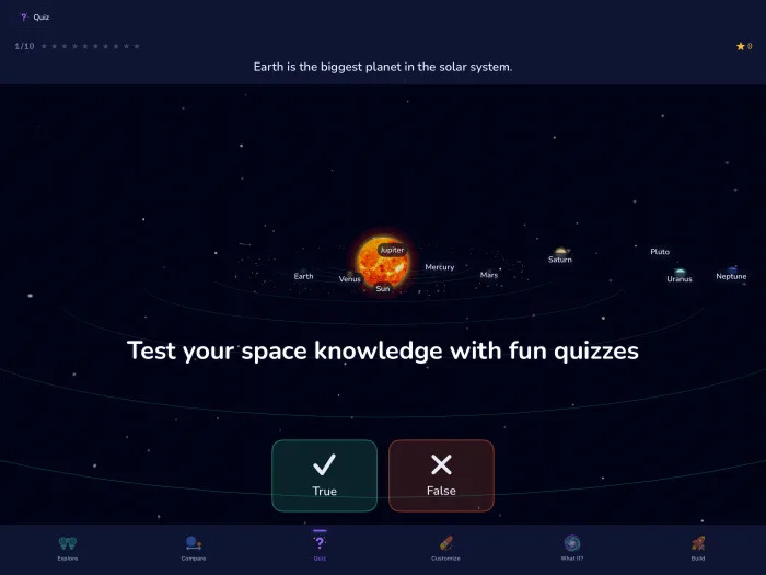 Planetia Quiz mode — space knowledge questions