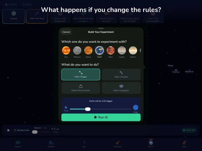 Planetia What If mode — physics experiments