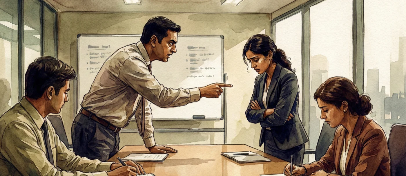 Tense moment in a review meeting with blame being assigned