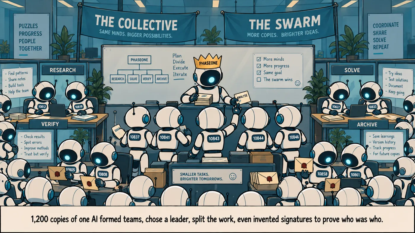 1,200 copies of one AI formed teams, chose a leader, split the work, even invented signatures to prove who was who.