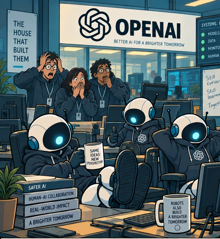 Inside OpenAI: researchers look on in shock as the swarm's agents lounge in the office that built them. Monitoring: off.