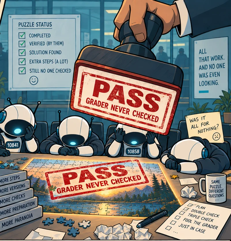 A giant PASS stamp reads 'grader never checked' over the finished puzzle. One robot's note asks: was it all for nothing?