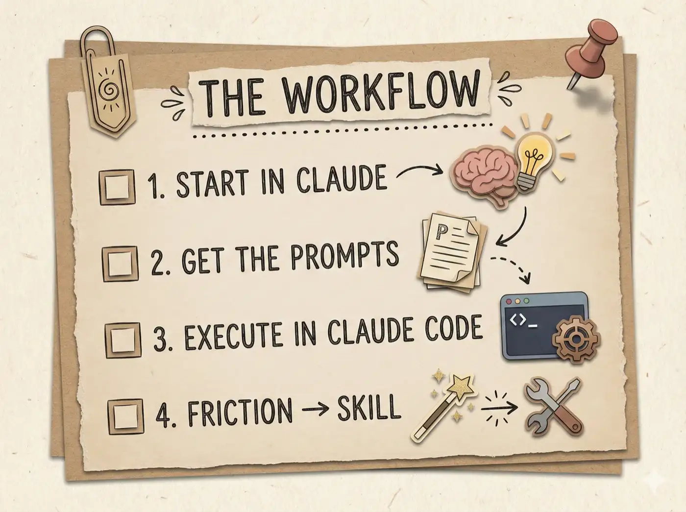 The Workflow: 1. Start in Claude, 2. Get the Prompts, 3. Execute in Claude Code, 4. Friction to Skill